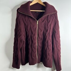 Talbots Cable Knit Zip Up Cardigan Sweater 3X Burgundy Old Money Luxury Classic
